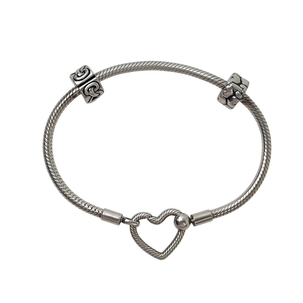 Pandora Moments Heart Closure Snake Chain Bracelet Sterling Silver + Charms